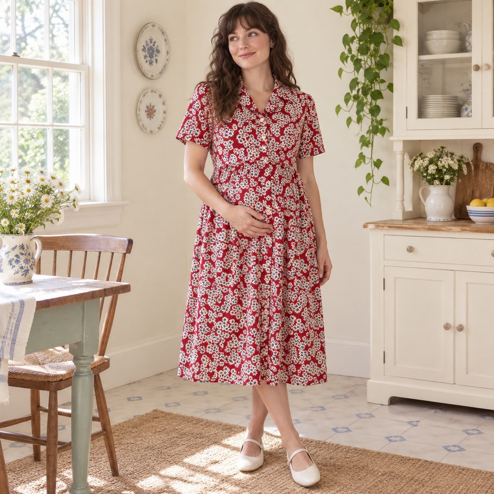 Vintage 90s Maternite Red Daisy Floral Maternity Midi Dress S Cottagecore